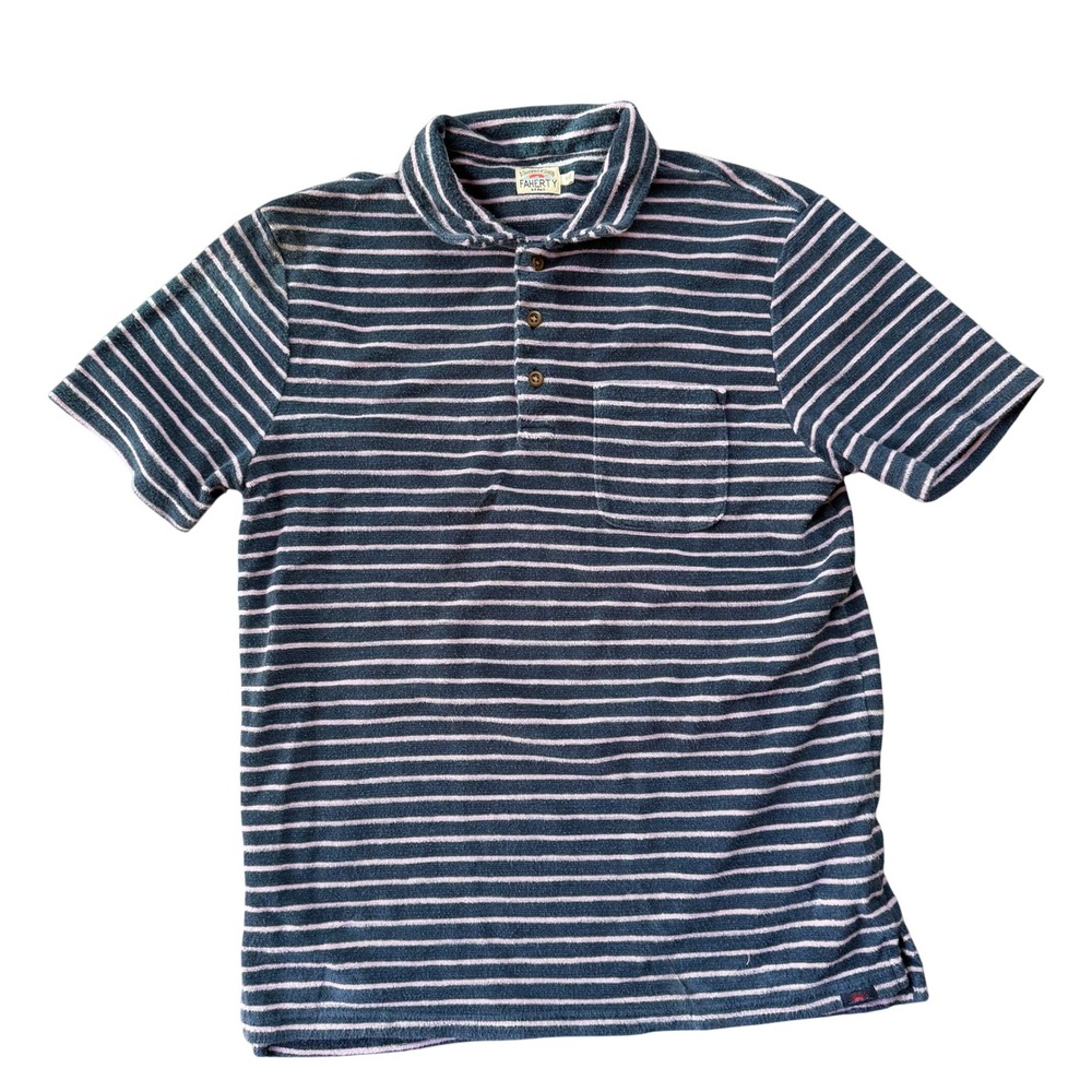 Faherty Men's Navy Pink Striped Terry Cloth Polo Shirt Size Medium Excellent - Picture 2 of 9